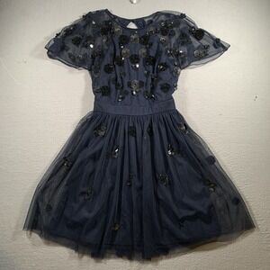 Gianni Bini Flare Dress 6Lace Open Back Short Sleeve Cocktail Blue Navy